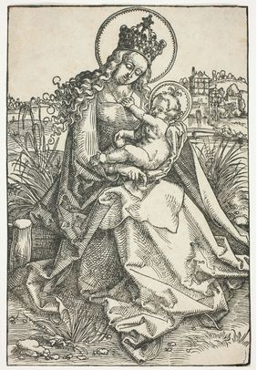 Hans Baldung Grien woodcut showing Madonna and Child seated on a grassy bench, 1505-07